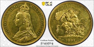 1887 £5 S-3864 AU58