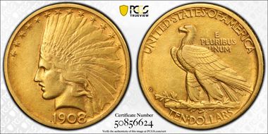 1908-D $10 No Motto AU53