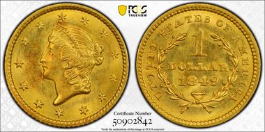 1849 G$1 Closed Wreath MS64