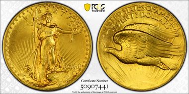 1907 $20 High Relief, Flat Edge MS65+