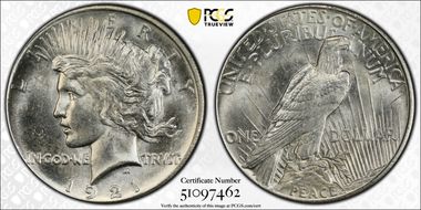 1921 $1 High Relief, Peace MS64