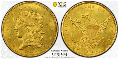 1836 $5 HM-2 MS62
