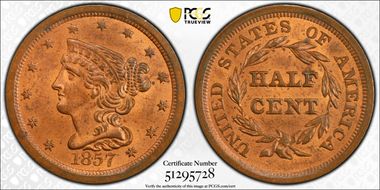 1857 1/2C MS64RD