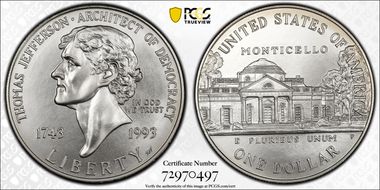 1993-P $1 Jefferson MS70