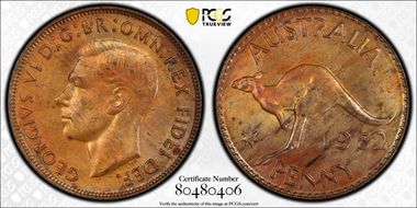 1952 A. (p) 1D Melbourne reverse Pointed serif 2 MS63RB