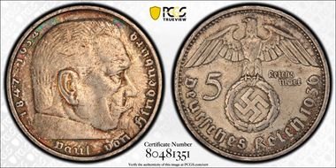 1936-A 5 Mk Swastika J-367 AU55