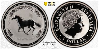2002 $1 Year of the Horse Ag MS69