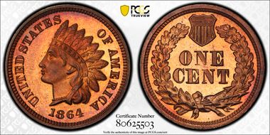 1864 1C L On Ribbon PR65+ RB