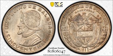 1953 1/10 B Rep. of Panama 50th Ann. KM-18  Ag MS66