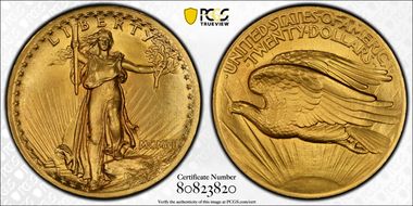 1907 $20 High Relief, Flat Edge MS66