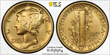 2016-W 10C Mercury Dime Gold 100th Anniversary First Strike Label SP70