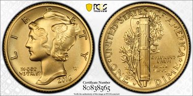 2016-W 10C Mercury Dime Gold 100th Anniversary First Strike Label SP70