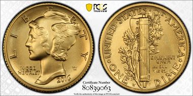 2016-W 10C Mercury Dime Gold 100th Anniversary First Strike SP70
