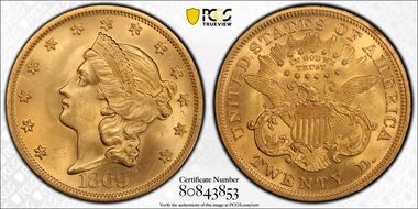 1869 $20 MS64+