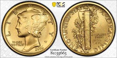 2016-W 10C Mercury Dime Gold 100th Anniversary First Strike Label SP70