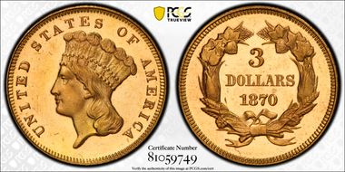1870 $3 MS65+ PL