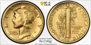 2016-W 10C Mercury Dime Gold 100th Anniversary First Strike Label SP70