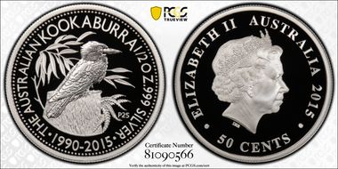 2015-P 50C Kookaburra 1/2oz Ag  25th Anniv. PR70DCAM