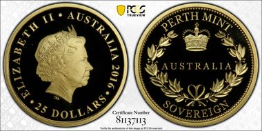 2016 $25 Perth Mint Sovereign First Strike PR70DCAM