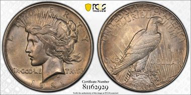 1921 $1 High Relief, Peace AU58