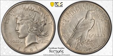 1921 $1 VAM 1F, Polishing Lines Peace AU58