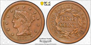 1857 1C N-2, Small Date AU58BN