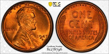 1947-D 1C MS67+ RD