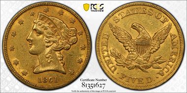 1861 $5 AU55