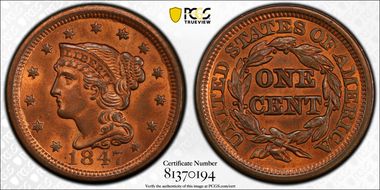 1847 1C Newcomb 38 MS65+ RB