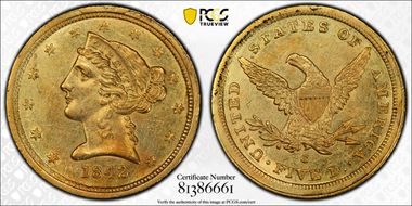 1842-C $5 Small Date AU58