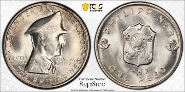 1947-S Peso KM-185, MacArthur MS66