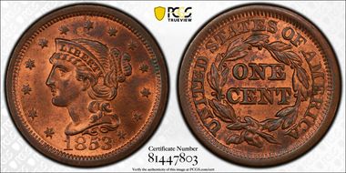 1853 1C Newcomb 5 MS64+ RB
