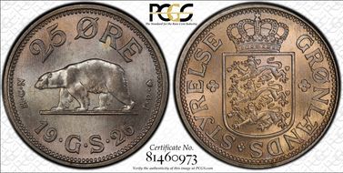 1926 HCN GJ 25 Øre KM-5 w/o Hole MS65