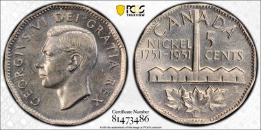1951 5C Nickel Bicentennial Half Moon Variety MS65