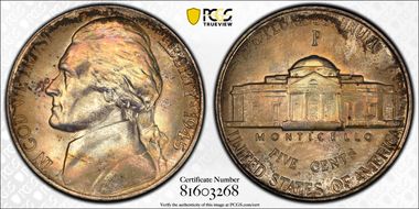 1945-P 5C Doubled Die Reverse MS67