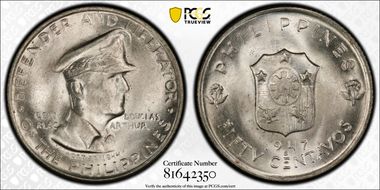 1947-S 50C Douglas MacArthur KM-184  Ag MS66