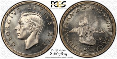 1952 5 Shil 300th Ann. of Capetown KM-41  Ag PL63