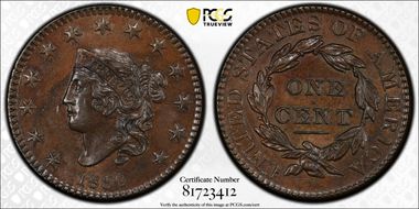 1830 1C N-8, Large Letters MS62BN