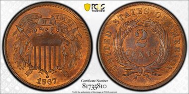 1867 2C Doubled Die Obverse MS66RB