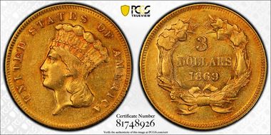 1869 $3 AU55