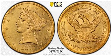 1875-CC $5 AU55