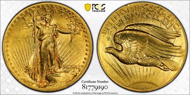 1907 $20 High Relief, Flat Edge AU58