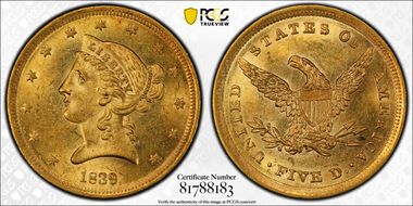 1839 $5 MS63+