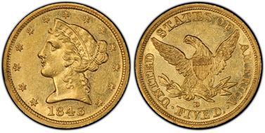 1843-D $5 Small D AU58