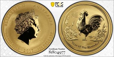 2017-P $100 Year of the Rooster Au First Strike MS70