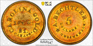 (1842-50) $5 A. Bechtler, 134 Grains, 21 Carats AU58