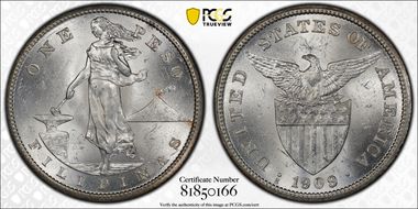 1909-S/S Peso Allen-17.04a MS62+