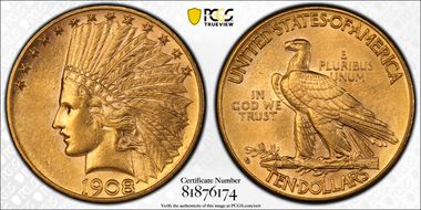 1908-D $10 Motto AU58