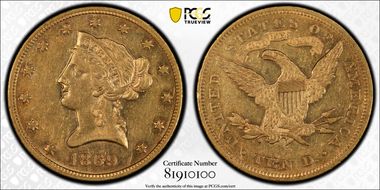 1869 $10 AU55