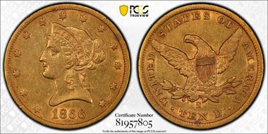 1866-S $10 No Motto AU53